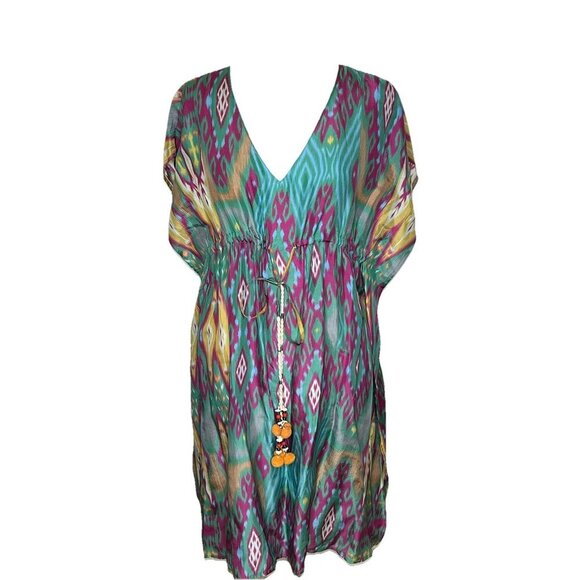Figue Dress L Womens Multicolor Ikat Silk V Neck Short Sleeve Kaftan Tie Beach - Picture 1 of 12